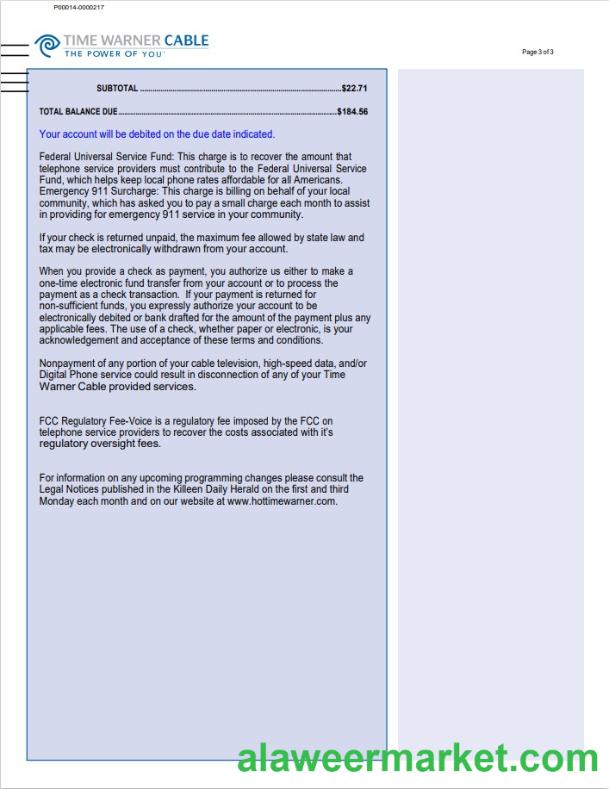 USA Time Warner Cabel utility bill, Word and PDF template, 3 pages 3